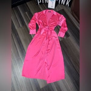 Eloquii Hot Pink Satin Long Tie-Waist dress